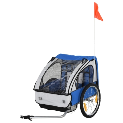 HOMCOM Kinderanhänger Kinderfahrrad geeignet für 2 Kinder, Stahlrahmen, Sitzträger mit Sicherheitsgurt, für Kinder ab 18 Monaten, Oxford-Gewebe, Stahl, 130x76x88 cm, Blau+Weiß