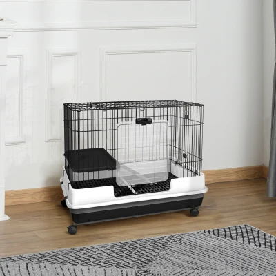 PawHut Kleintierkäfig mit Räder, 2 Türen, Plattform, Bodenfach, Metall, Schwarz, 81,2 x 52,7 x 66 cm