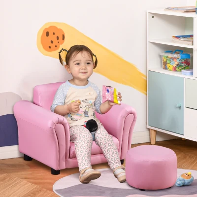 HOMCOM® Kindersessel mit Fußhocker Kindercouch Kindersofa Minisofa Kindermöbel Holz Rosa
