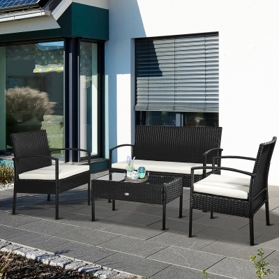 Outsunny Set Mobila in PE Rattan de Extern cu Masa, 2 Fotolii si Canapea cu Perne, Negru