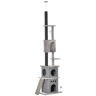PawHut Kratzbaum Katzenbaum Deckenhoch Kletterbaum mit Katzenspielzeug Sisal Plüsch Hellgrau höhenverstellbar 60 x 40 x 225-255 cm