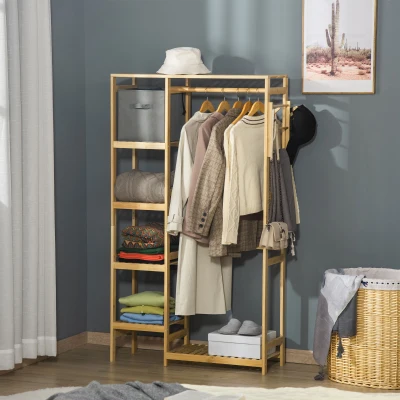 HOMCOM Suporte para Cabides de Bambu Cabideiro com Prateleiras de 4 Níveis com Barra Prateleira Inferior e Cabide Lateral 90x30x155cm Madeira