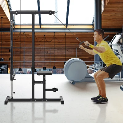 Atlas HOMCOM z kołem pasowym regulowanym siedziskiem i kilkoma pozycjami linek do wzmacniania mięśni urządzenie treningowe fitnessu w domu stal kolor czarny 180 x 183 x 219 cm