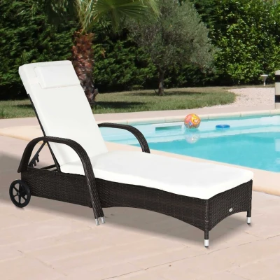 Outsunny Rattan Sun Lounger Adjustable Steel Frame 200x73cm Brown