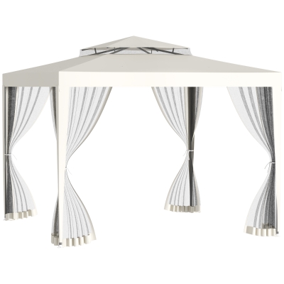 Outsunny Pérgola de Jardim 3x3m Pérgola com 4 Redes Mosquiteiras Laterais com Zíper Teto de Ventilação e 8 Orifícios de Drenagem Pérgola para Terraço Pátio Exterior Bege