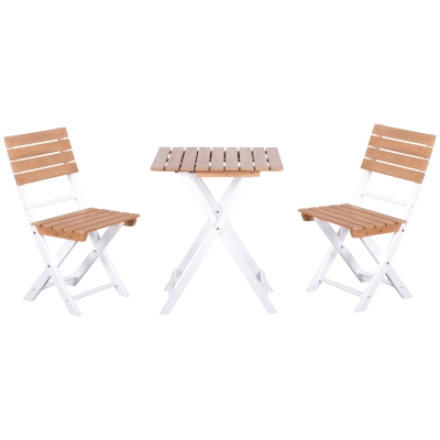 Outsunny Conjunto de Terraço Dobráveis de 3 Peças Mesa 60x60x73cm e 2 Cadeiras 41,8x49,7x83cm Estrutura de Madeira e Metal para Jardim Balcão Exterior Natural e Branco