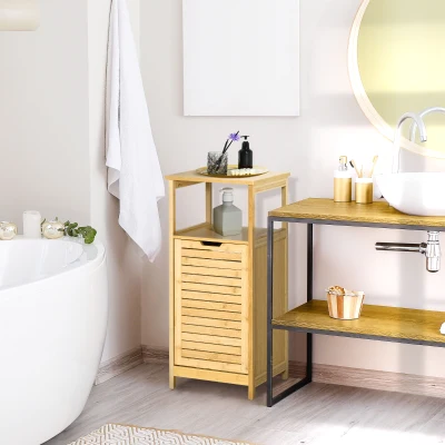 kleankin Cesto de Roupa de Bambú Armário para Casa de Banho com 2 Prateleiras 1 Cesta de Tecido Removível Móvel de Armazenamento para Sala de Estar Cozinha 40x30x86,5 Natural
