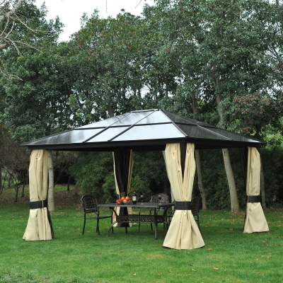 Outsunny Pérgola de Jardim 4,3x3,6m Pérgola de Alumínio de Exterior com Teto de Policarbonato 4 Cortinas Laterais e 4 Telas Mosquiteiras com Zíper para Festas Eventos Marrom e Bege
