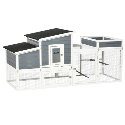 PawHut Galinheiro de Madeira Exterior Gaiola para 2 Galinhas com Cerca de Arame Tetos Asfálticos Abatíveis Ninho Bandeja Removível Rampa e Mesa de Cultivo 191,5x80x90cm Cinza