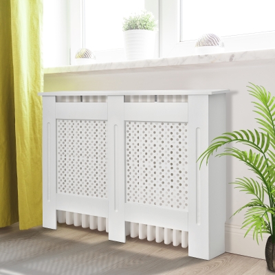 HOMCOM Wooden Radiator Cover Heating Cabinet Modern Home Furniture Grill Style White Painted (Medium) - White