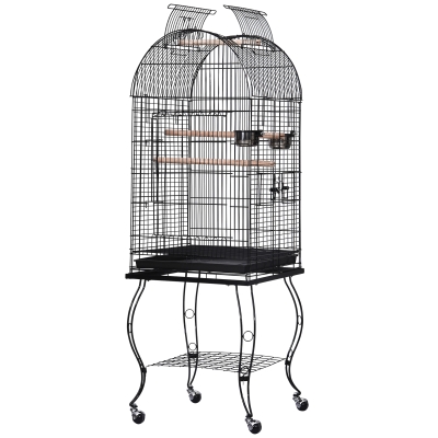 PawHut Metal Wire Bird Cage Parrot Cage Steel Pipe Bird Stand w/ Wheels 51Lx51Wx137H cm-Black