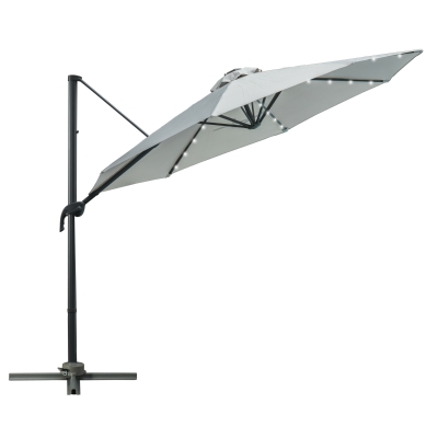 Outsunny 3(m) LED Cantilever Parasol Garden Sun Umbrella w/ Base and Solar Lights Grey