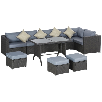 Outsunny 9-Seater Garden Rattan Furniture 10 Pcs Rattan Corner Dining Sofa Set-Grey/Dusty Blue Cushion