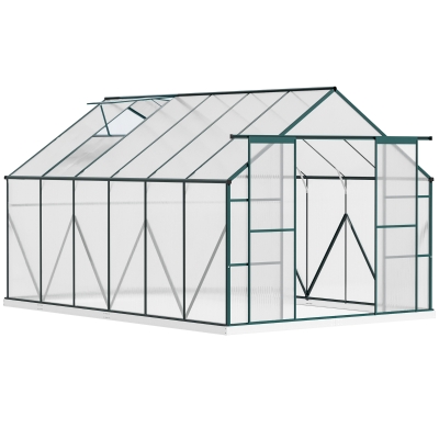 Outsunny Aluminum Greenhouse Polycarbonate Walk-in Garden Greenhouse Kit with Adjustable Roof Vent, Rain Gutter, Sliding Door and Foundation, 8 x 12ft, Clear