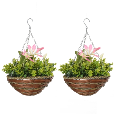 Outsunny 2 Künstliche Pflanzen Hängepflanze Clematis im Topf mit Haken Deko PE Rosa+Grün 30 x 30 x 32 cm