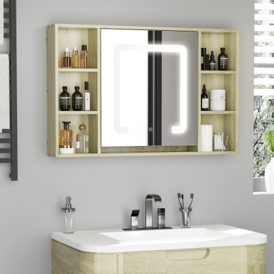 kleankin LED Bathroom Mirror Cabinet, Wall Mounted Dimmable Medicine Cabinet with Adjustable Shelf and Mirrored Door, Memory Function, USB Charge, Natural