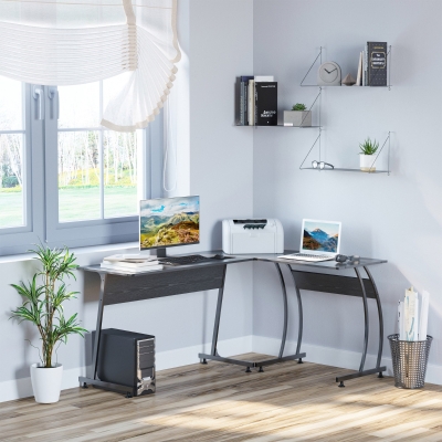 HOMCOM L Shape Computer Desk Corner Display Table Laptop Study Desk Minimalist Space Saving Wood Steel Gaming PC Workstation for Home Office 112.5x152x74cm Black