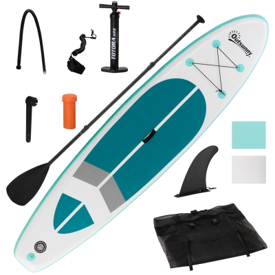 Outsunny Tabla de Paddle Surf Hinchable 320x76x15 cm Plegable con Remo de Aluminio Ajustable Desmontable Bolsa de Transporte y Accesorios Completos Blanco y Turquesa