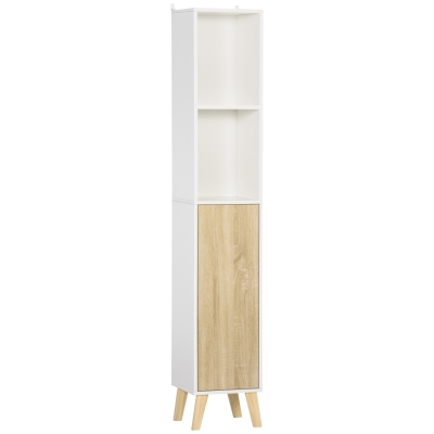 kleankin Mobiletto Bagno da Terra con 2 Mensole e Armadietto, Colonna Bagno Multiuso in Legno 31x30x177cm, Bianco e Legno