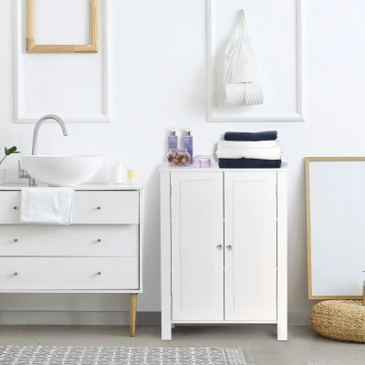 kleankin Armário Casa de Banho com 2 Portas e 2 Prateleiras Internas Ajustáveis Móvel Auxiliar de Armazenamento para Sala de Estar Cozinha 60x30x80cm Branco