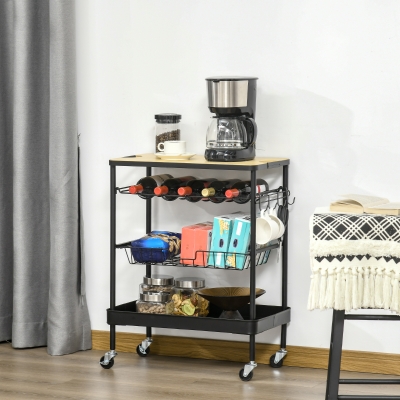 HOMCOM Carrinho de Cozinha com Rodas Carrinho de Cozinha Multiuso com Suporte para Garrafas Cesta Removível e 4 Ganchos para Sala de Jantar Sala de Estar 60,5x35,5x75cm Preto e Carvalho