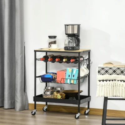 HOMCOM Carrinho de Cozinha com Rodas Carrinho de Cozinha Multiuso com Suporte para Garrafas Cesta Removível e 4 Ganchos para Sala de Jantar Sala de Estar 60,5x35,5x75cm Preto e Carvalho