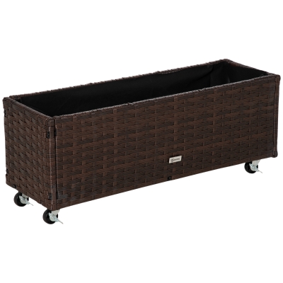 Outsunny Hochbeet Poly Rattan mit Rollen Pflanzkasten mit Abflusslöchern Blumenkasten Blumenkübel Kaffee-Braun 94,5 x 31 x 36 cm