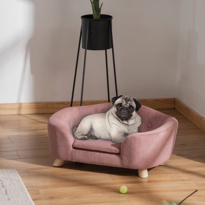 PawHut hondenbank hondenmat hondenmand hondenbank hondenbank katten bank met kussen achterzak pluche schuim grenen hout roze 70 x 47 x 30 cm
