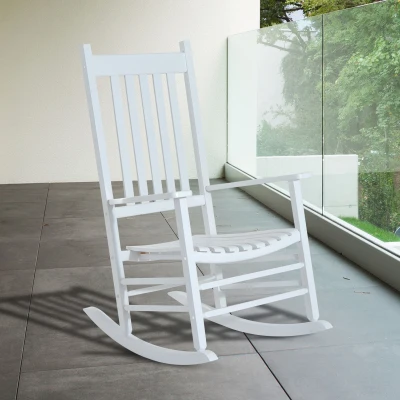 Fotel bujany Outsunny z podłokietnikami, fotel na biegunach, fotel relaksacyjny, krzesło ogrodowe, drewno topolowe biały 69 x 86 x 115 cm