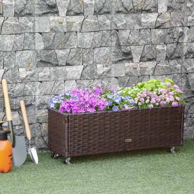 Outsunny polyrattan verhoogd bed met wielen plantenbak met afvoergaten plantenbak bloembak koffie bruin 94,5 x 31 x 36 cm