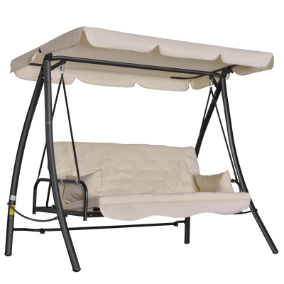 Leagan de gradina cu 3 locuri Outsunny cu acoperis inclinabil convertibil Pat poliester crem 209 x 114 x 170 cm