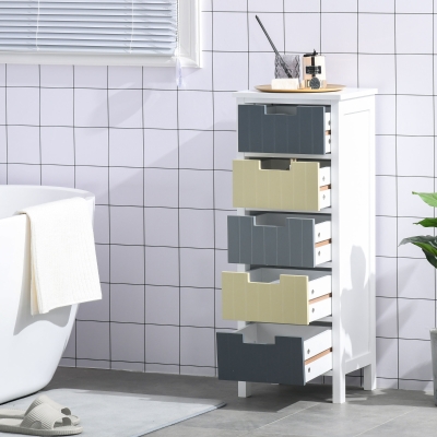 HOMCOM Cómoda de Madeira com 5 Gavetas Cómoda Auxiliar de Armazenamento com Pés Elevados Estilo Moderno para Dormitório Sala de Estar Casa de Banho 35x28x90,5cm Multicor