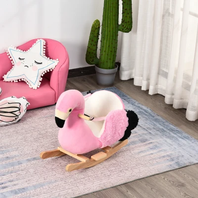 HOMCOM Schommelpaard met veiligheidsgordel schommelspeelgoed flamingo handgrepen pluche