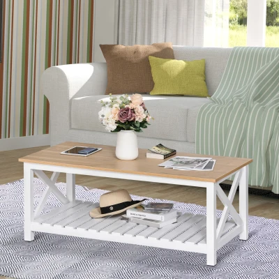 HOMCOM Mesa de Centro para Sala de Estar Mesa de Café com Prateleira de Armazenamento Inferior 116x60x48cm Madeira Natural e Branco