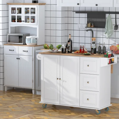 HOMCOM Carrinho de Cozinha com Rodas Carrinho de Cozinha com Bancada Rebatível 3 Gavetas 1 Armário com Prateleira Interior Ajustável e Suporte para Temperos 128,8x75,5x92,5cm Branco e Natural