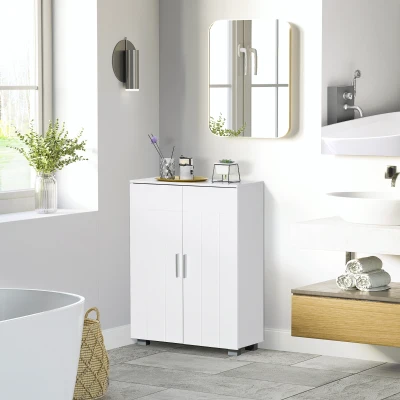 kleanklin Armário de Casa de Banho com 2 Portas e 2 Prateleiras Ajustáveis em 7 Níveis Móvel Auxiliar de Armazenamento para Sala de Estar Cozinha 60x30x80cm Branco