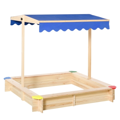 Outsunny Sandkasten mit Dach Sandkiste Kindersandkasten Tannenholz Bodenloses Design felix mit absenkbarem und schwenkbarem Dach Kurbeldach 120 x 120 x 120 cm Natur