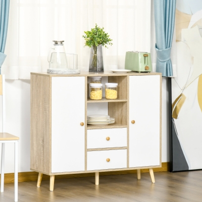 HOMCOM Aparador de Sala de Estar com 2 Portas 2 Gavetas e 2 Prateleiras Abertas Móvel Auxiliar de Armazenamento para Cozinha Entrada 100x30x85cm Branco e Natural