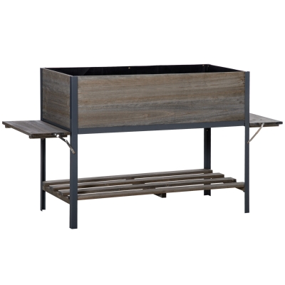 Outsunny Hochbeet Pflanzkasten mit 2 faltbaren Ablagen unterer Ablagefläche Blumenkasten Blumentopf Kräuterbeet Massivholz Hellgrau 140 x 46 x 75,5 cm