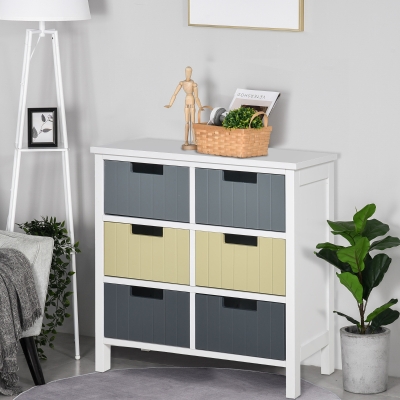 HOMCOM Cómoda de Madeira com 6 Gavetas Cómoda Auxiliar de Armazenamento com Pés Elevados Estilo Moderno para Dormitórios Sala de Estar Casa de Banho 60x28x58cm Multicor