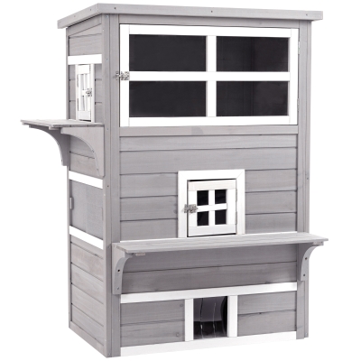 PawHut Caseta para Gatos de Madera Exterior Casa Grande para Gatos de 3 Pisos con Múltiples Entradas Ventanas y 2 Plataformas para Terraza Balcón Jardín 98x68,5x122 cm Gris
