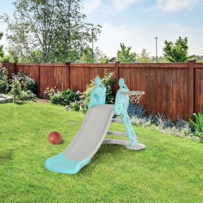 HOMCOM Escorrega Infantil Dobrável com Cesta de Basquetebol para Crianças acima de 18 meses Modelo Girafa para Interiores e Exteriores 140x87x75cm Azul e Cinza