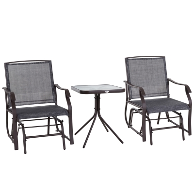 Outsunny Steel Frame Set-of-2 Glider Rocking Chair w/ Table Set Grey