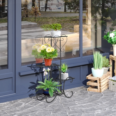 Outsunny regał na kwiaty z metalu 4 poziomy regał na rośliny kwietnik stojak na kwiaty do wnętrz i na zewnątrz ogród balkon kolor czarny 45 x 24,5 x 80 cm