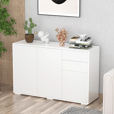 HOMCOM Aparador de Sala de Estar com 3 Portas 2 Gavetas e Prateleira Interior Ajustável Móvel Auxiliar de Armazenamento para Cozinha Dormitório Anti-Rolamento 117x36x74cm Branco