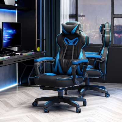 Vinsetto Ergonomic Racing Gaming Chair Office Desk Chair Adjustable Height Recliner with Wheels, Headrest,Lumbar Support Retractable Footrest Home Office, Blue
