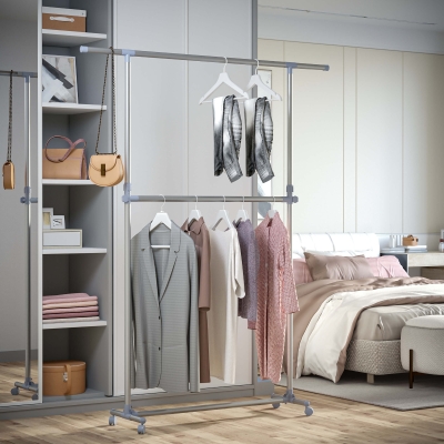 HOMCOM Heavy Duty Clothes Hanger Garment Rail Hanging Display Stand Rack w/ Wheels Adjustable