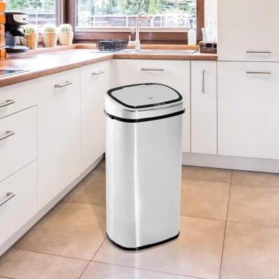 HOMCOM Balde de Lixo Inteligente de Aço Inoxidável 68L com Sensor Infravermelho de Abertura Automática e Contato Manual para Cozinha Dormitório Casa de banho 40,5x29,578cm Prata