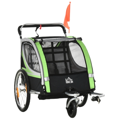 HOMCOM Remorque vélo pour enfant 2 en 1 convertible jogger poussette capacité 26,4 kg avec réflecteurs et drapeau - 2 places - vert