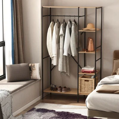 HOMCOM Suporte para Cabides Cabideiro de Madeira com 4 Prateleiras de Arrumação e Barra de Pendurar 100x46x170,5cm Madeira e Preto